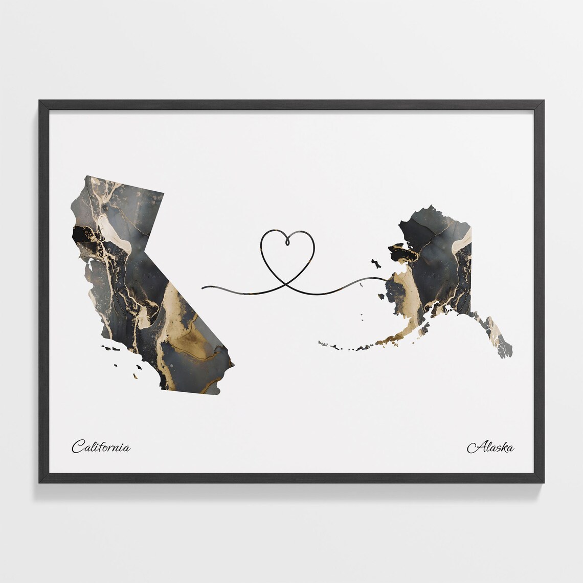 California to Alaska Black Gold Marble Map Heart Line Art Poster