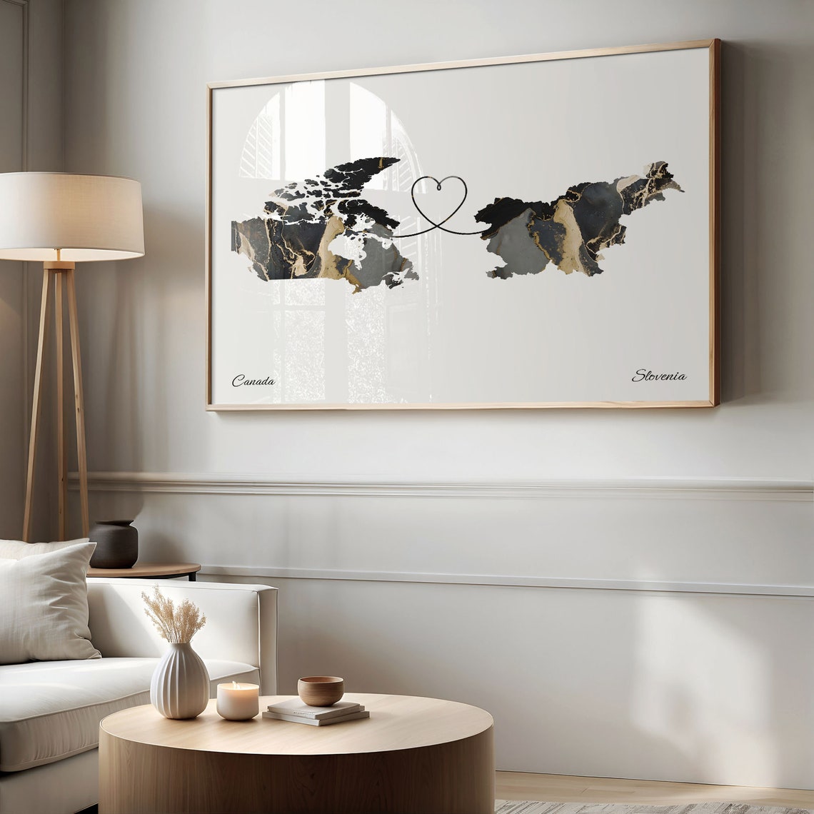 Canada Slovenia Long Distance Love Black Marble Heart Map Poster - Image 2