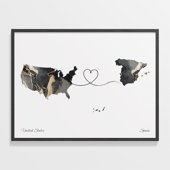 United States to Spain Heart Connected Long Distance Marble Map Poster