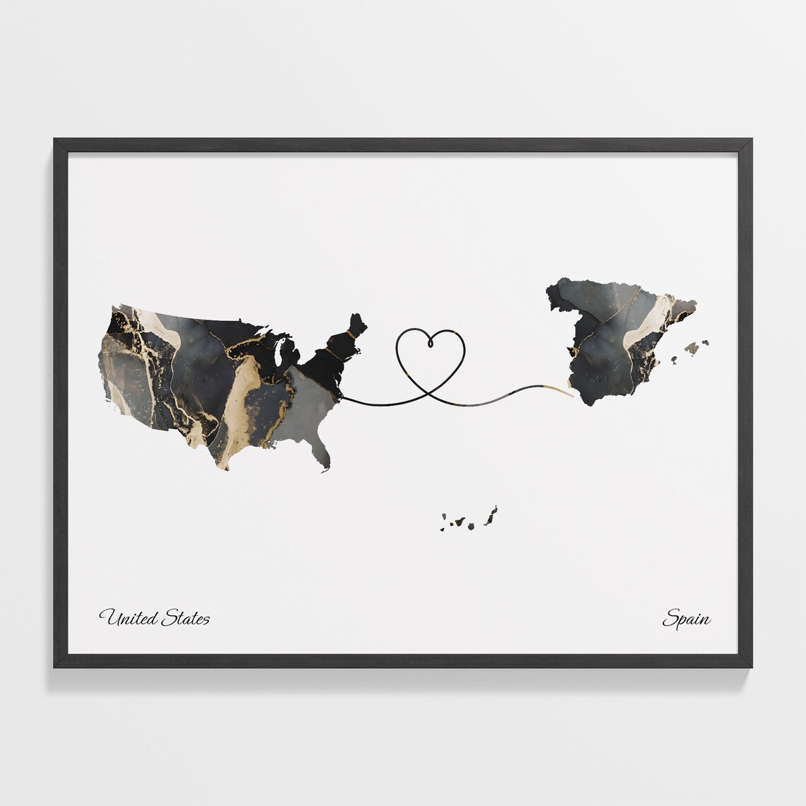 United States to Spain Heart Connected Long Distance Marble Map Poster