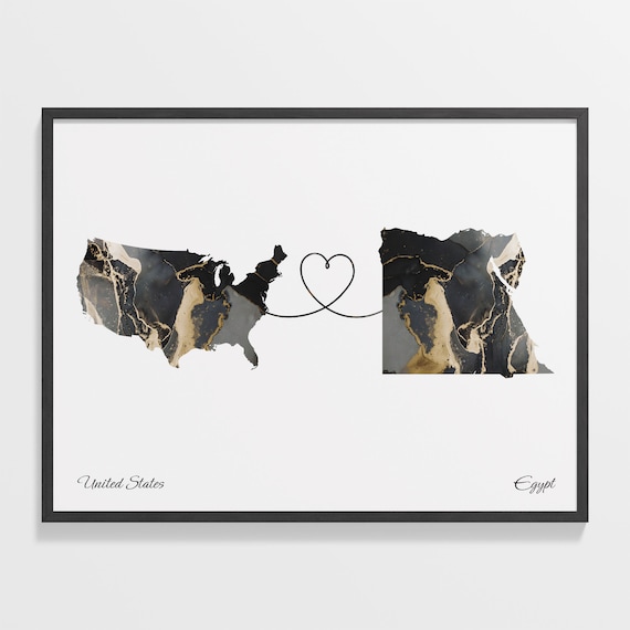 United States and Egypt Black Marble Heart Connection Map Poster