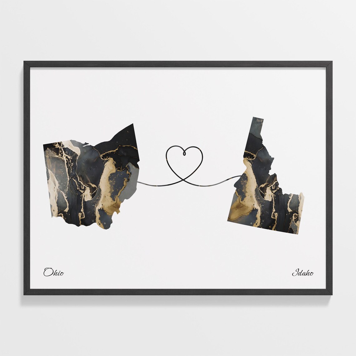 Ohio Idaho Long Distance Black Gold Marble Heart Keepsake Map Poster