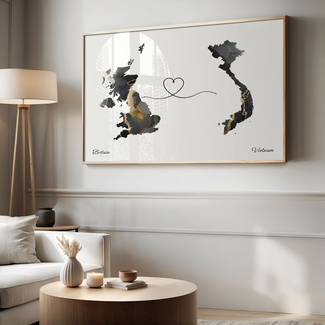 Britain To Vietnam Long Distance Marble Map Heart Print Gift - Image 2