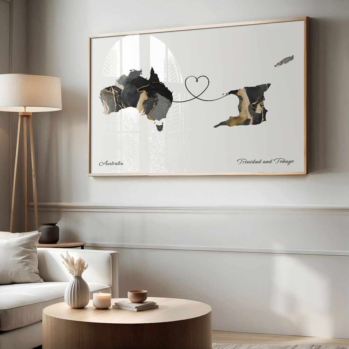 Australia and Trinidad and Tobago Black Gold Marble Map Heart Connection Poster - Image 2