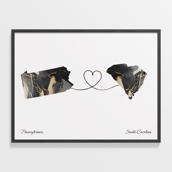 Pennsylvania South Carolina Black Gold Marble Map Art Heart Connection Poster