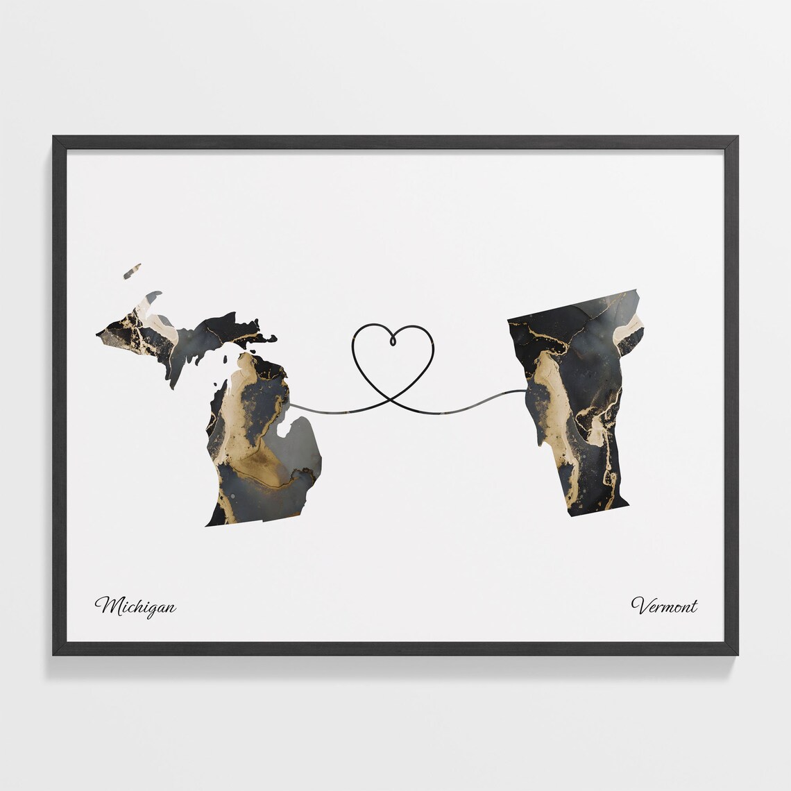Elegant Michigan to Vermont Heart Connection Marble Map Poster