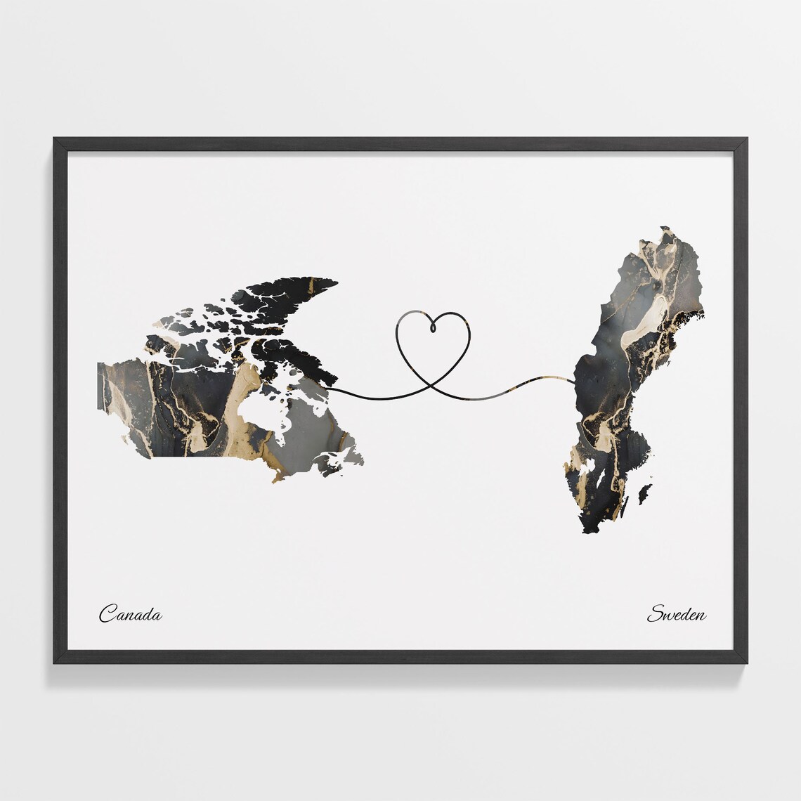 Canada and Sweden Long Distance Black Marble Heart Connection Map Poster