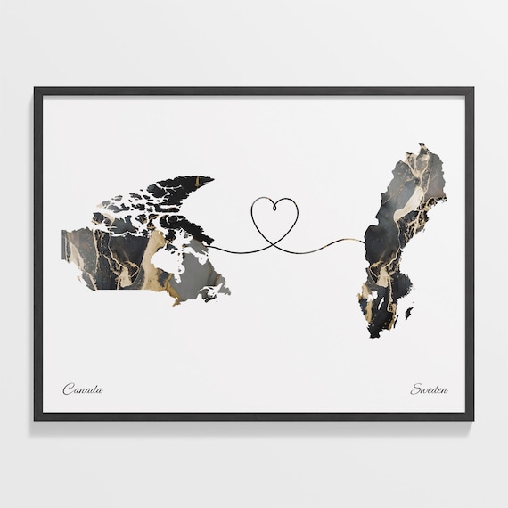 Canada and Sweden Long Distance Black Marble Heart Connection Map Poster