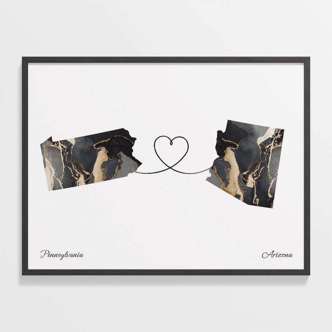 Pennsylvania to Arizona Long Distance Love Marble Map Art Poster