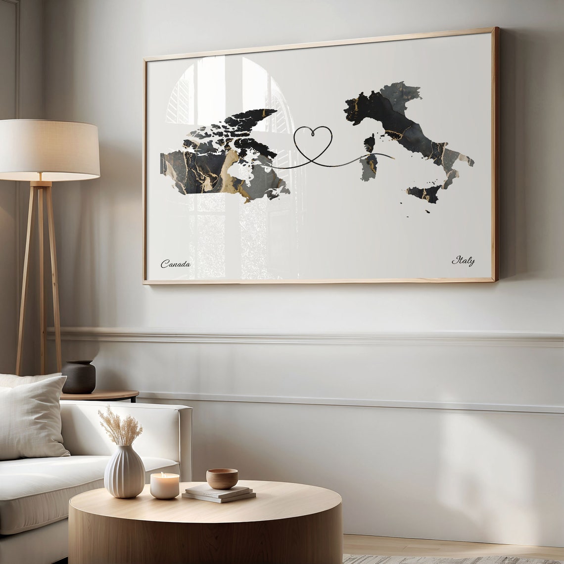 Canada to Italy Black Gold Marble Long Distance Heart Map Poster - Image 2