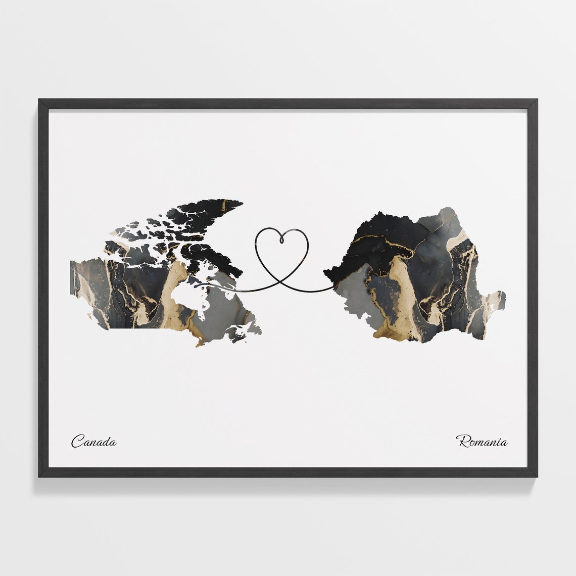 Canada to Romania Marble Map with Heart Long Distance Love Poster