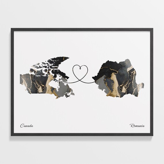 Canada to Romania Marble Map with Heart Long Distance Love Poster