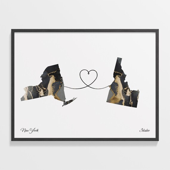 New York Idaho Marble State Map Poster Heart Line Moving Gift