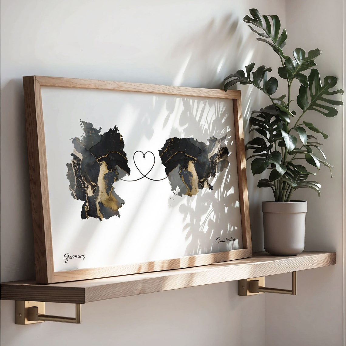 Germany and Cambodia Marble Heart Connected Countries Map Poster - Image 3