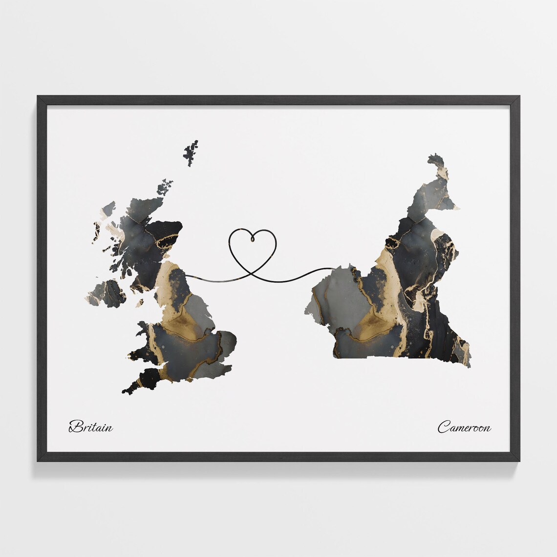 Britain to Cameroon Heart Connected Long Distance Marble Map Poster