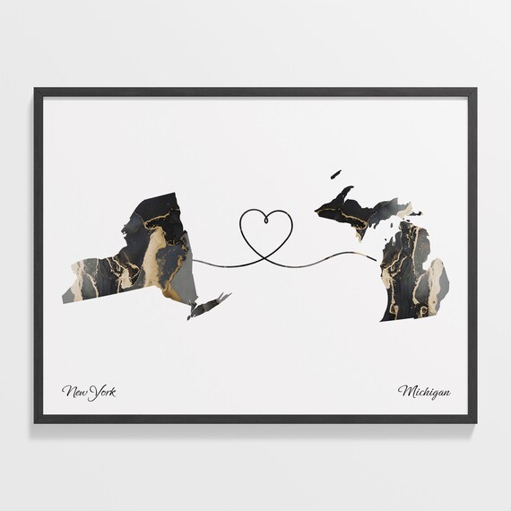 New York to Michigan Long Distance Love Marble Map Art Poster
