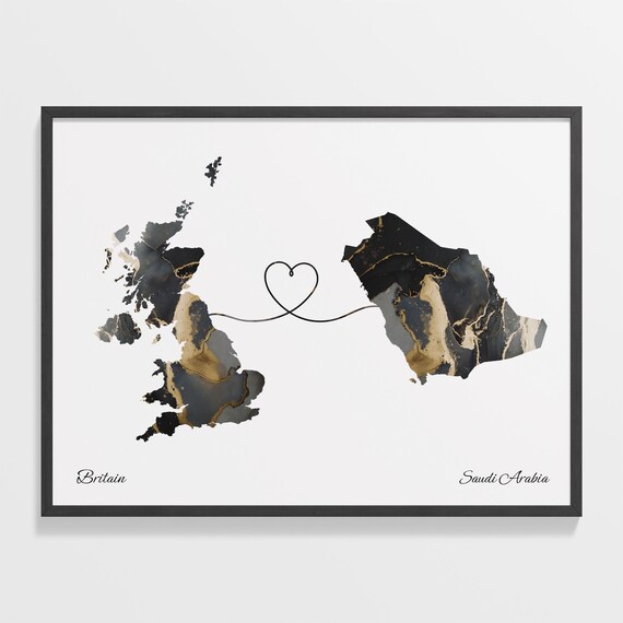 Britain To Saudi Arabia Marble Map Heart Poster Long Distance Love Gift