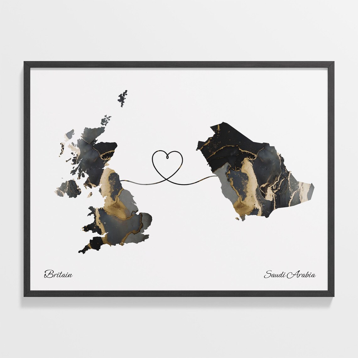 Britain To Saudi Arabia Marble Map Heart Poster Long Distance Love Gift