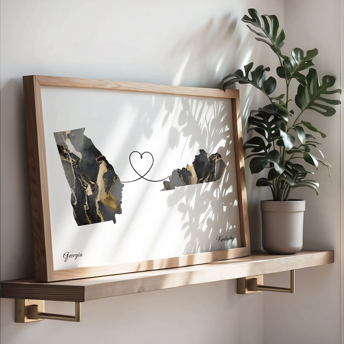 Georgia Kentucky Long Distance Black Gold Marble Heart Map Poster - Image 3