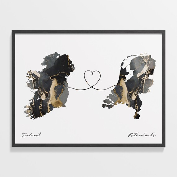 Ireland To Netherlands Elegant Black Marble Two Country Heart Map Poster