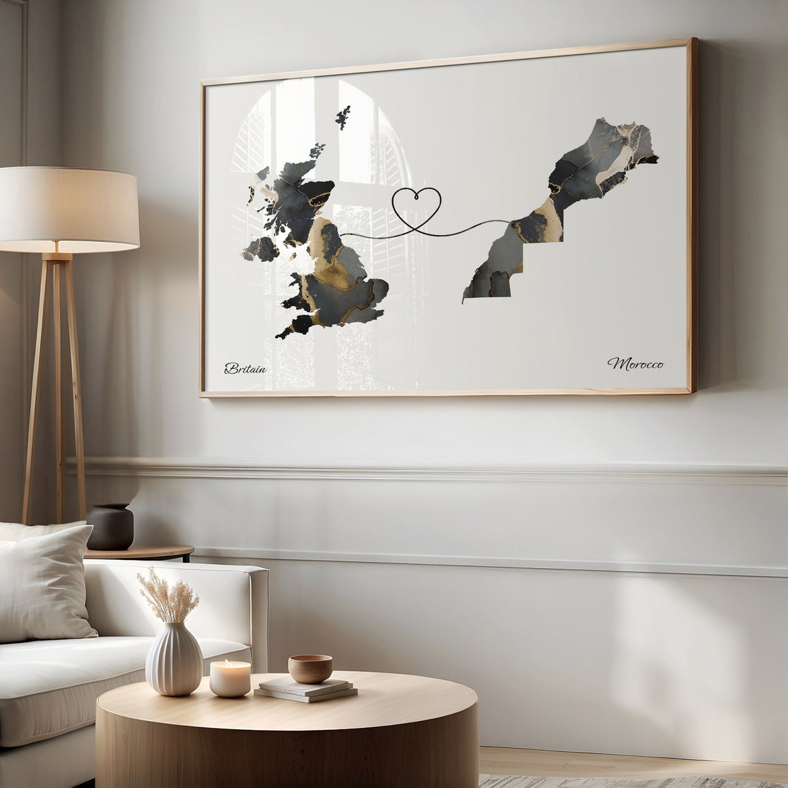 Britain to Morocco Marble Heart Map Print Long Distance Couple Gift - Image 2