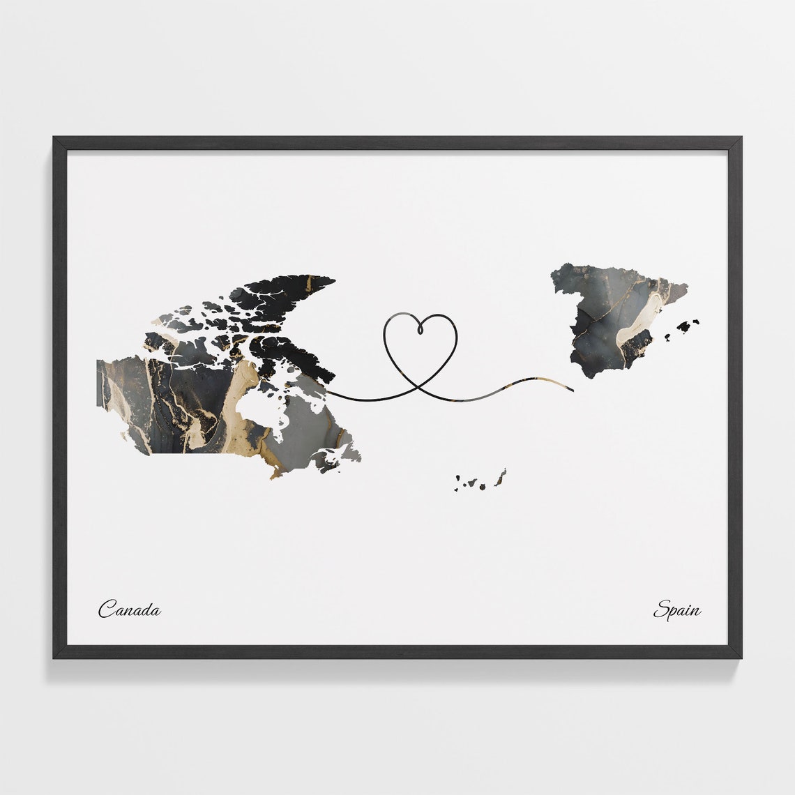 Canada To Spain Black Gold Marble Long Distance Heart Map Poster