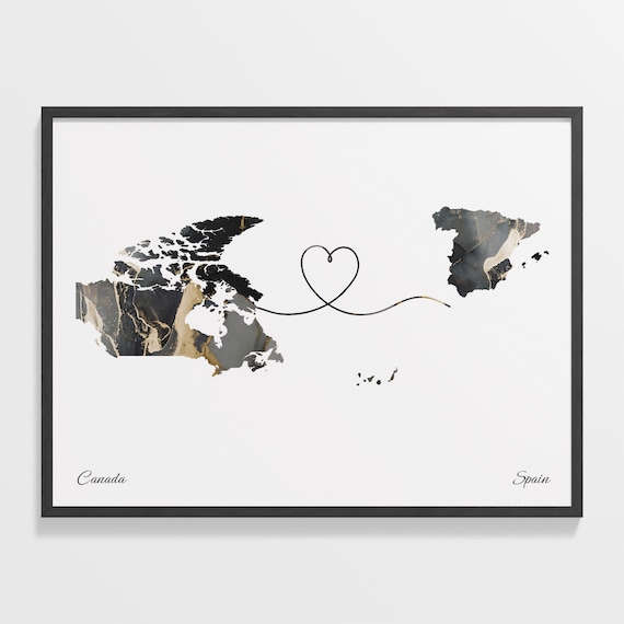 Canada To Spain Black Gold Marble Long Distance Heart Map Poster