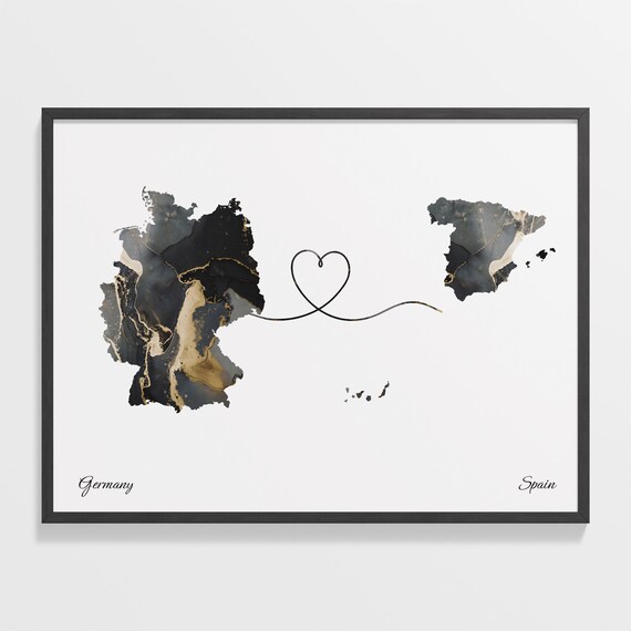 Germany Spain Heart Marble Map Couple Love Anniversary Poster