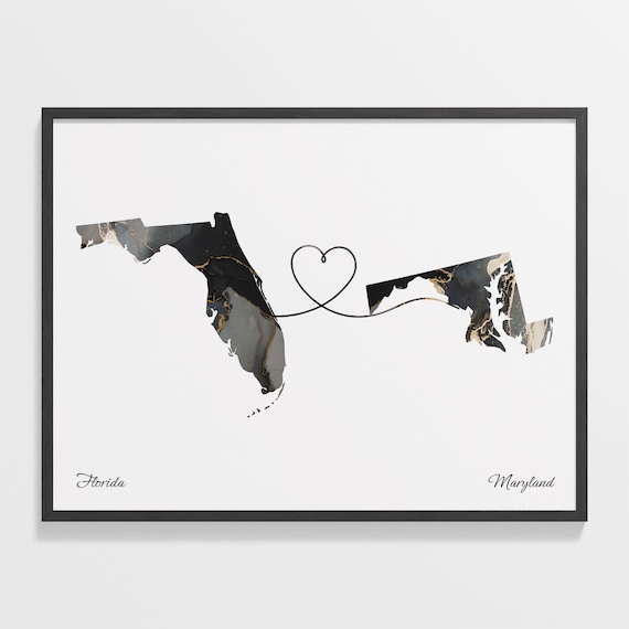 Florida Maryland Marble State Map Poster Heart Line Long Distance Gift