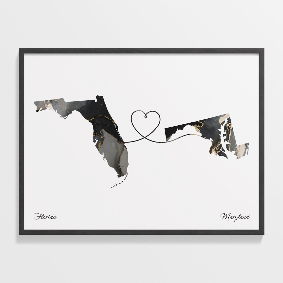 Florida Maryland Marble State Map Poster Heart Line Long Distance Gift