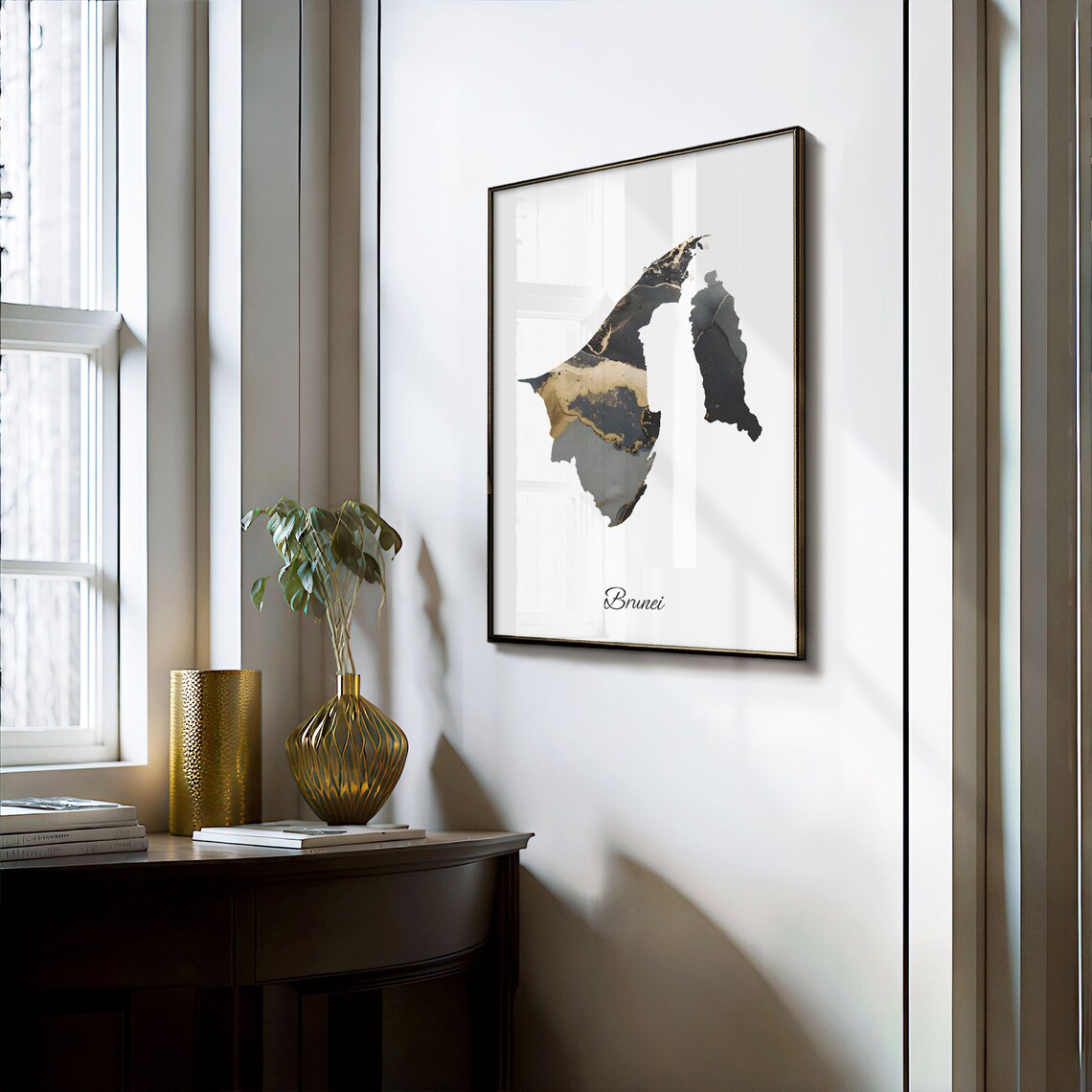 Brunei Black and Gold Marble Silhouette Country Map Art Poster - Image 3