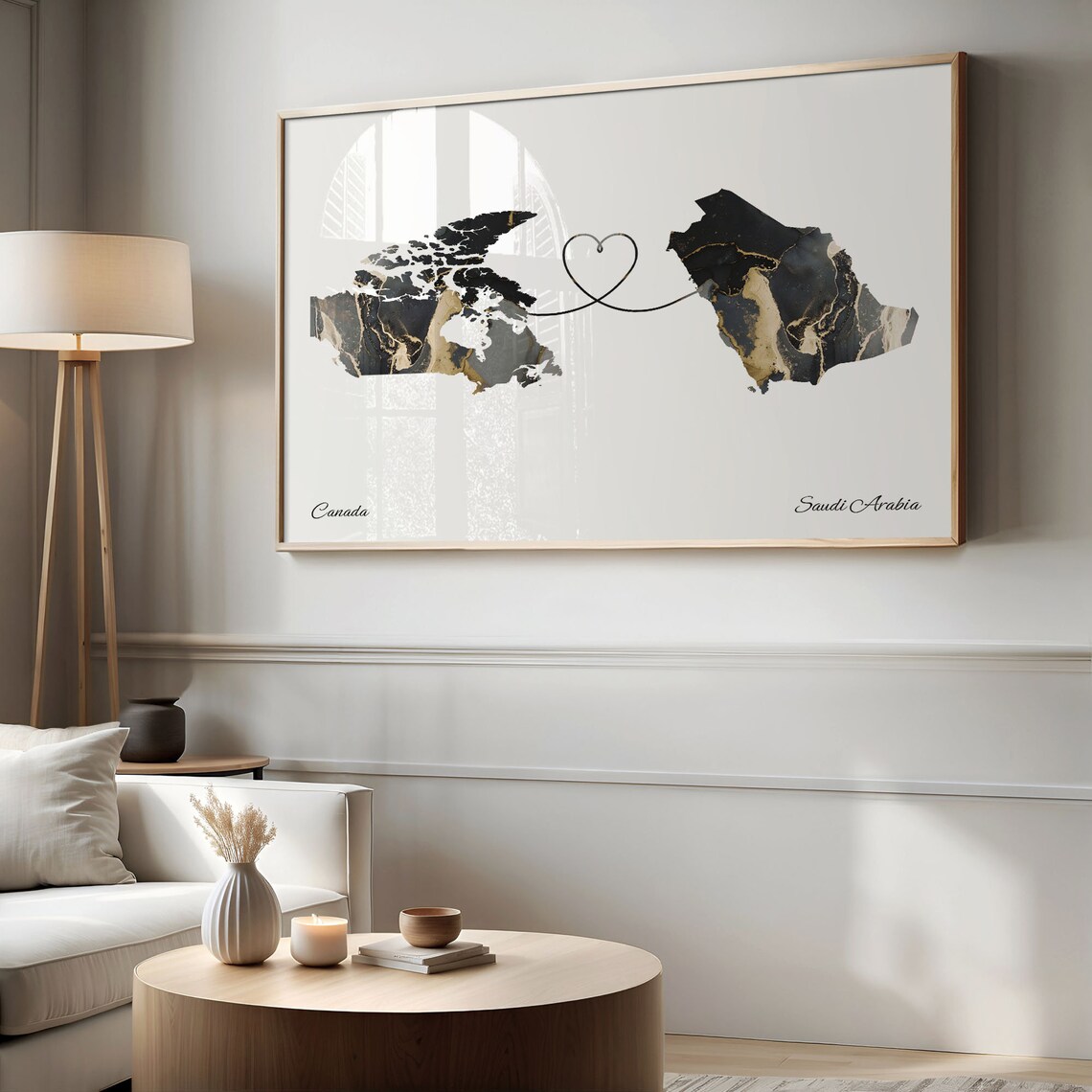 Canada to Saudi Arabia Black Gold Marble Heart Connection Map Poster - Image 2