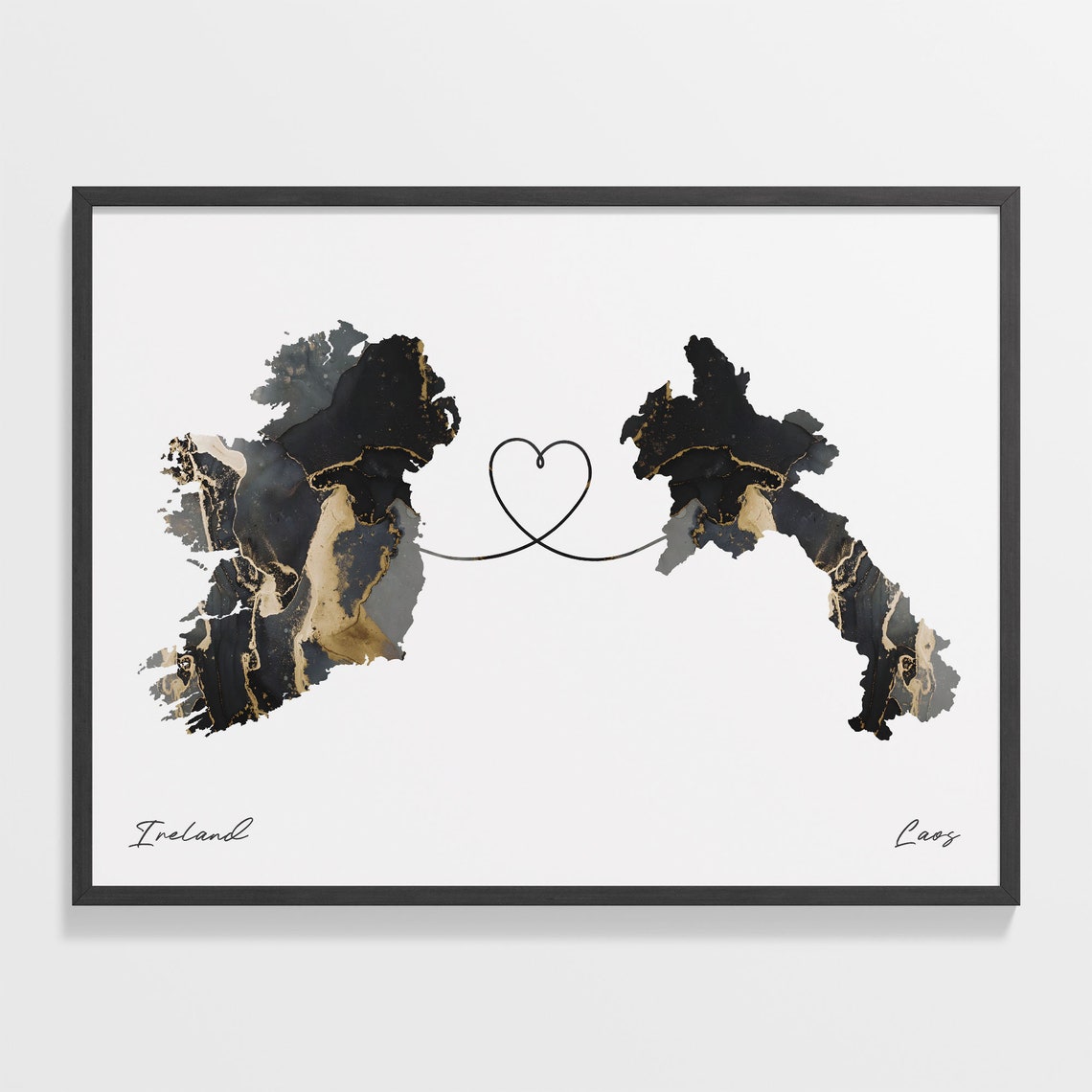Ireland and Laos Black and Gold Marble Heart Map Connection Poster