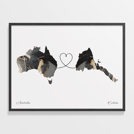 Australia To Eritrea Marble Heart Map Two Country Long Distance Gift Poster