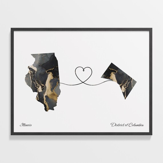 Illinois to District Of Columbia Black Gold Marble Map Heart Connection Poster