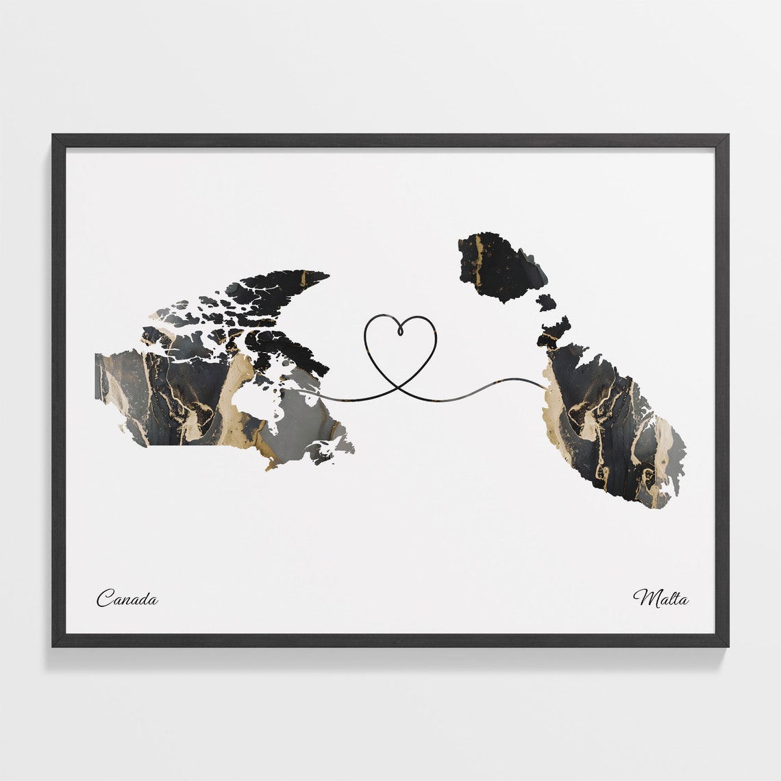 Canada Malta Long Distance Love Black Marble Heart Map Poster