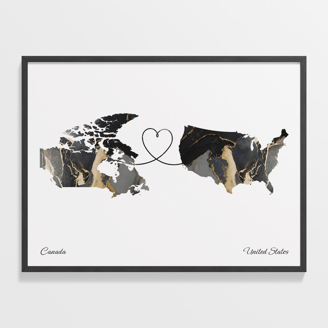 Canada and United States Black Marble Heart Connection Map Poster