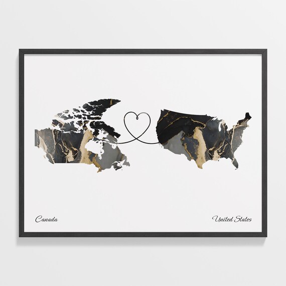 Canada and United States Black Marble Heart Connection Map Poster