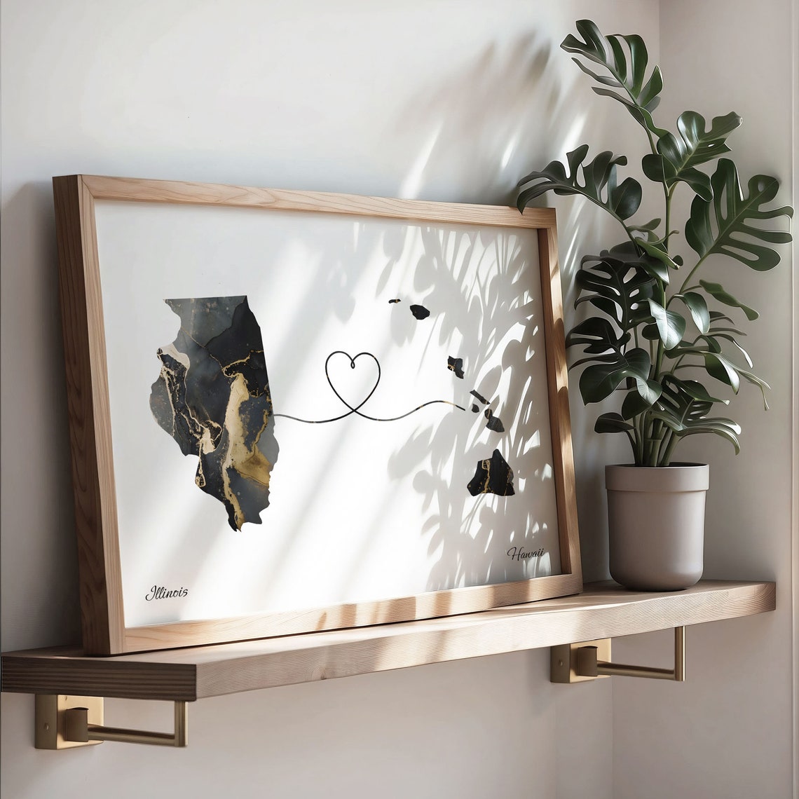 Illinois to Hawaii Black Gold Marble Map Heart Connection Poster - Image 3