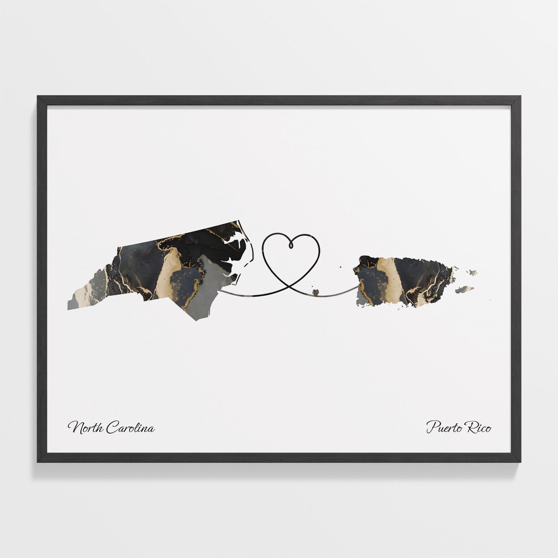 North Carolina Puerto Rico Black Gold Marble Map Art Heart Connection Poster