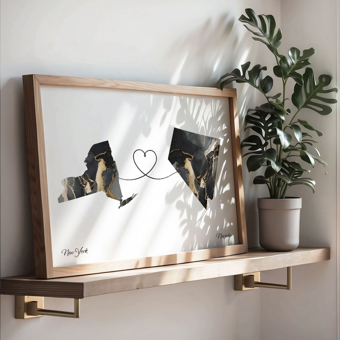 New York to Nevada Heart Connection Modern Marble Map Poster - Image 3