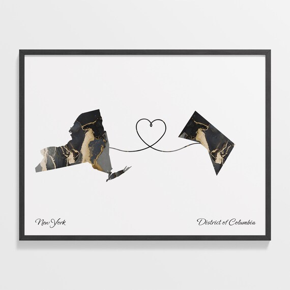New York To District of Columbia Marble Map Heart Print Long Distance Gift