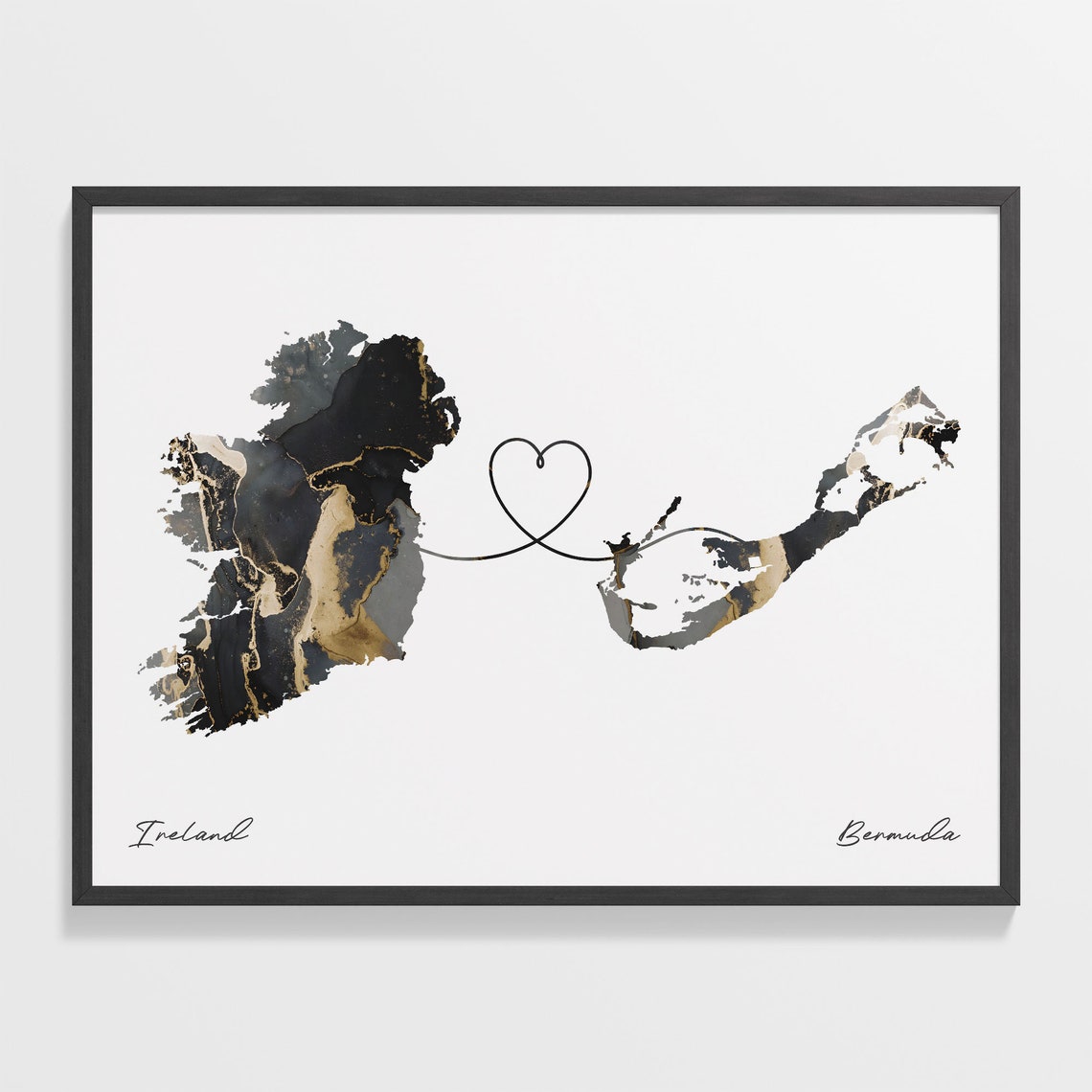 Ireland Bermuda Long Distance Love Heart Marble Map Gift Poster