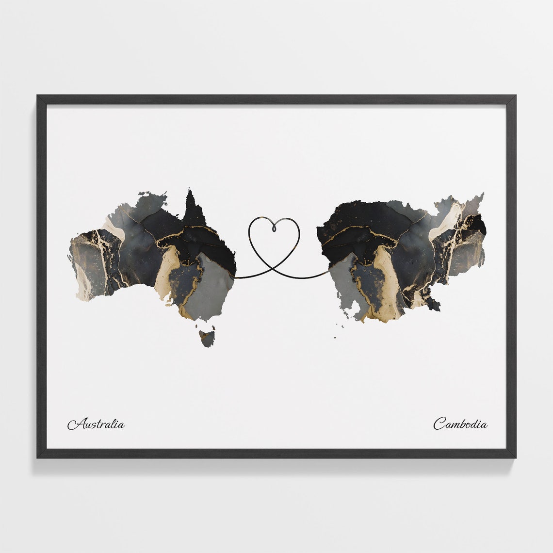 Australia Cambodia Long Distance Love Black Marble Heart Map Poster