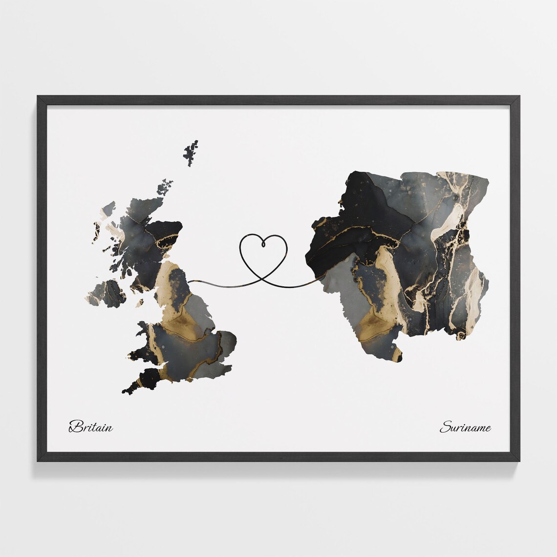Britain and Suriname Heart Connection Black and Gold Marble Poster