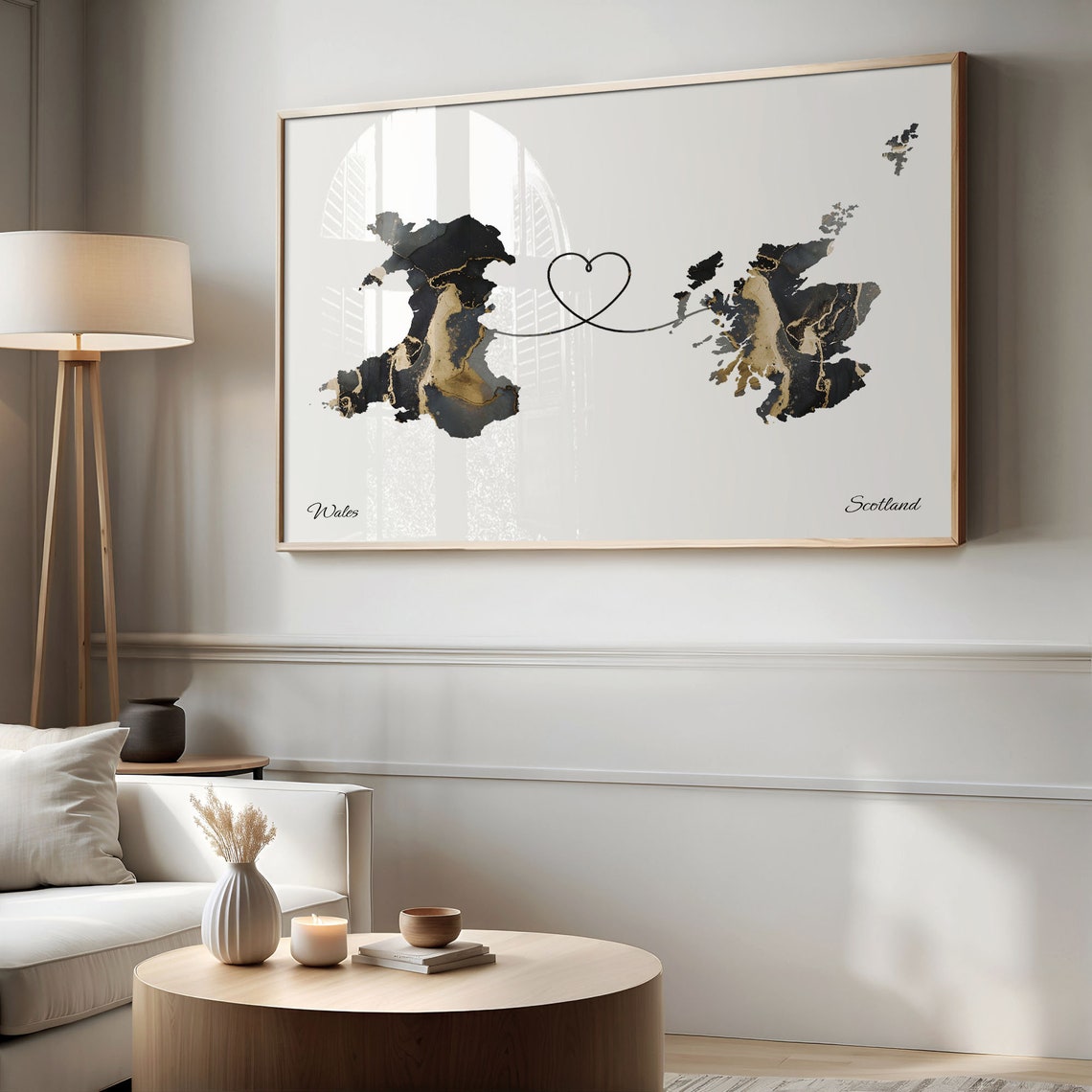 Long Distance Wales to Scotland Heart Connection Marble Map Poster - Image 2