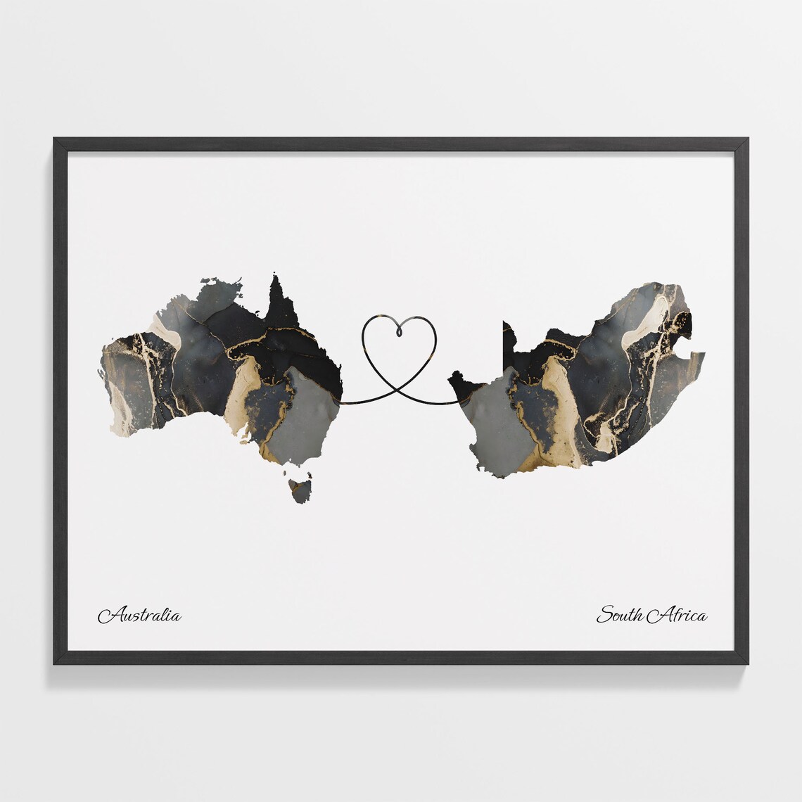 Australia South Africa Long Distance Love Heart Marble Map Gift Poster
