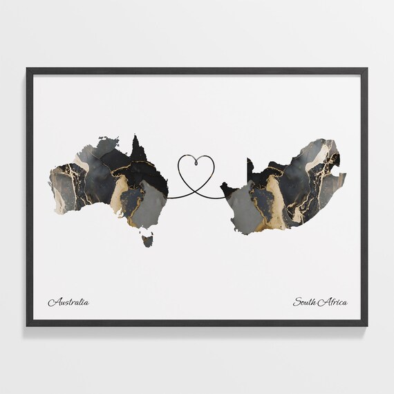 Australia South Africa Long Distance Love Heart Marble Map Gift Poster
