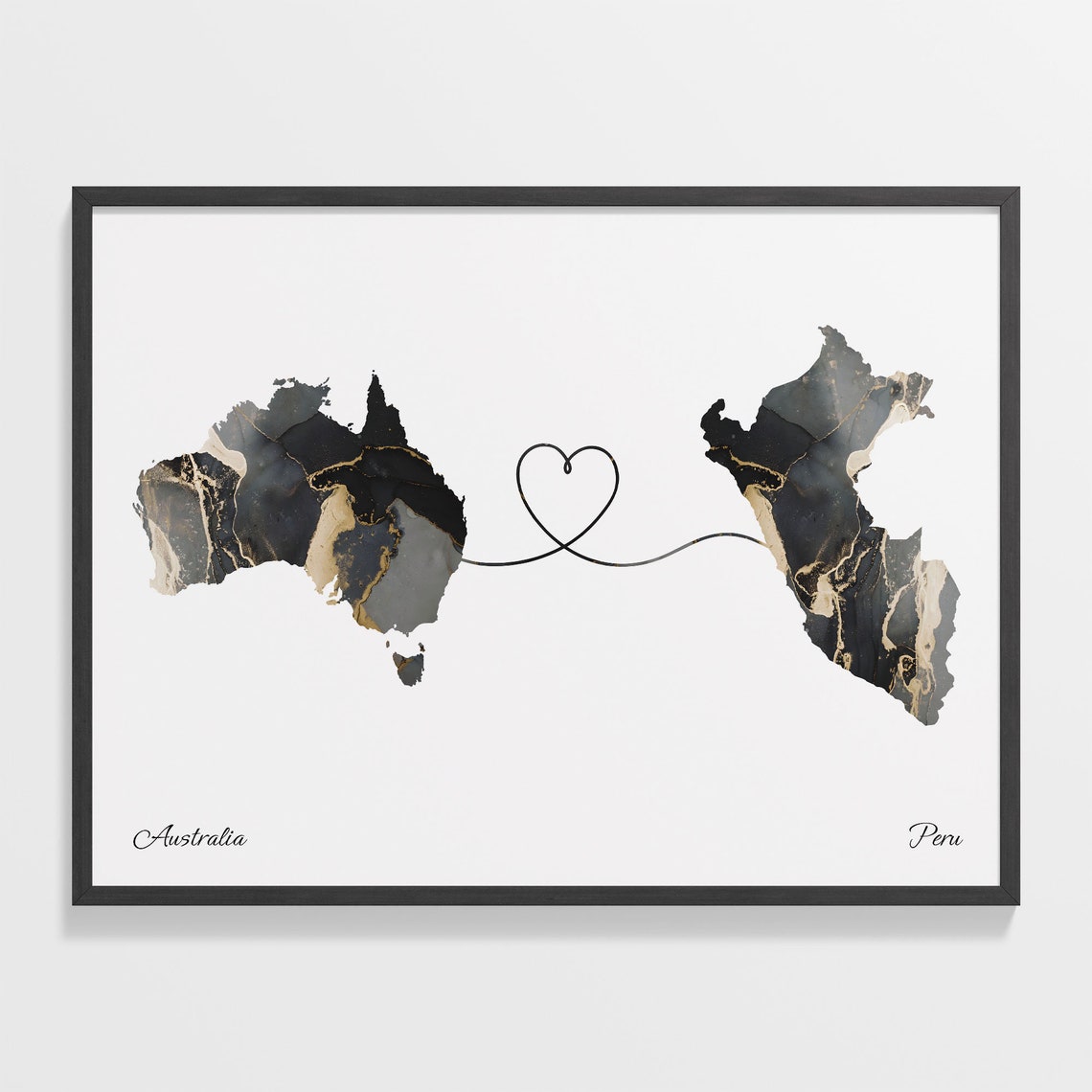 Australia and Peru Black Gold Marble Heart Connection Map Poster