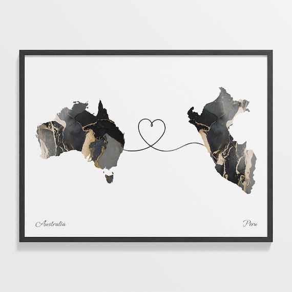 Australia and Peru Black Gold Marble Heart Connection Map Poster